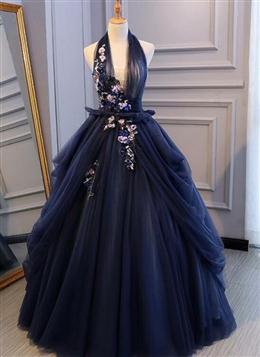 Picture of Charming Navy Blue Halter Tulle Party Dresses with Flower Applique, Blue Gown